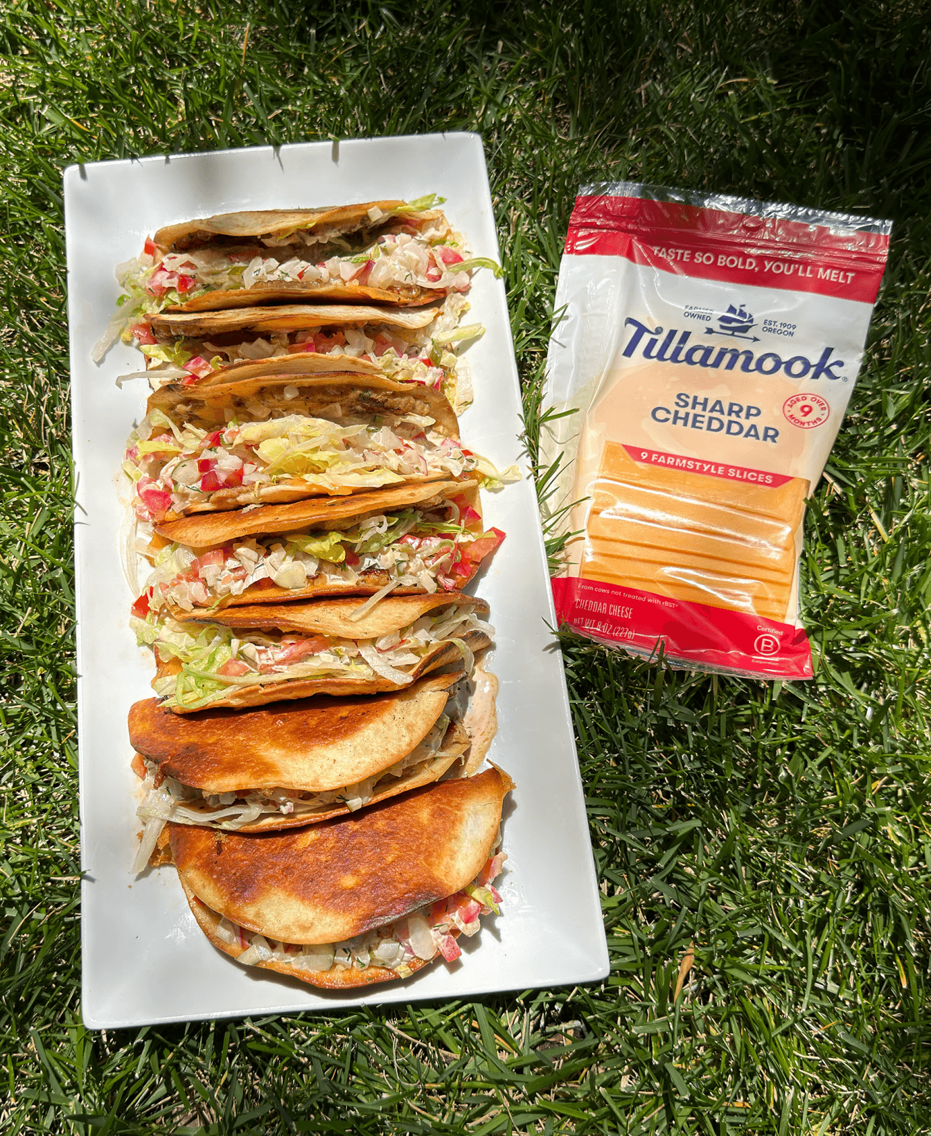 Smashed Chicken Tacos with Tillamook cheddar slices