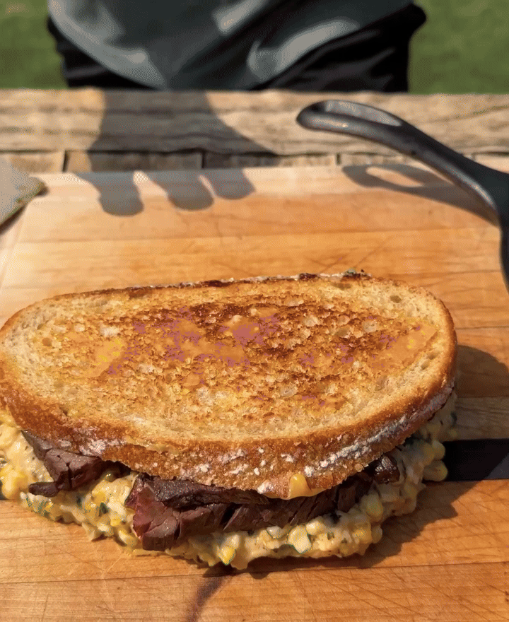 Grilled steak elote sandwich