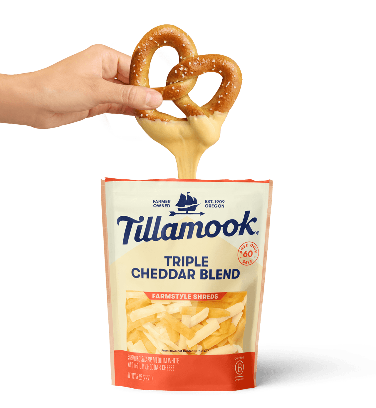 Tillamook triple cheddar blend cheese with pretzel