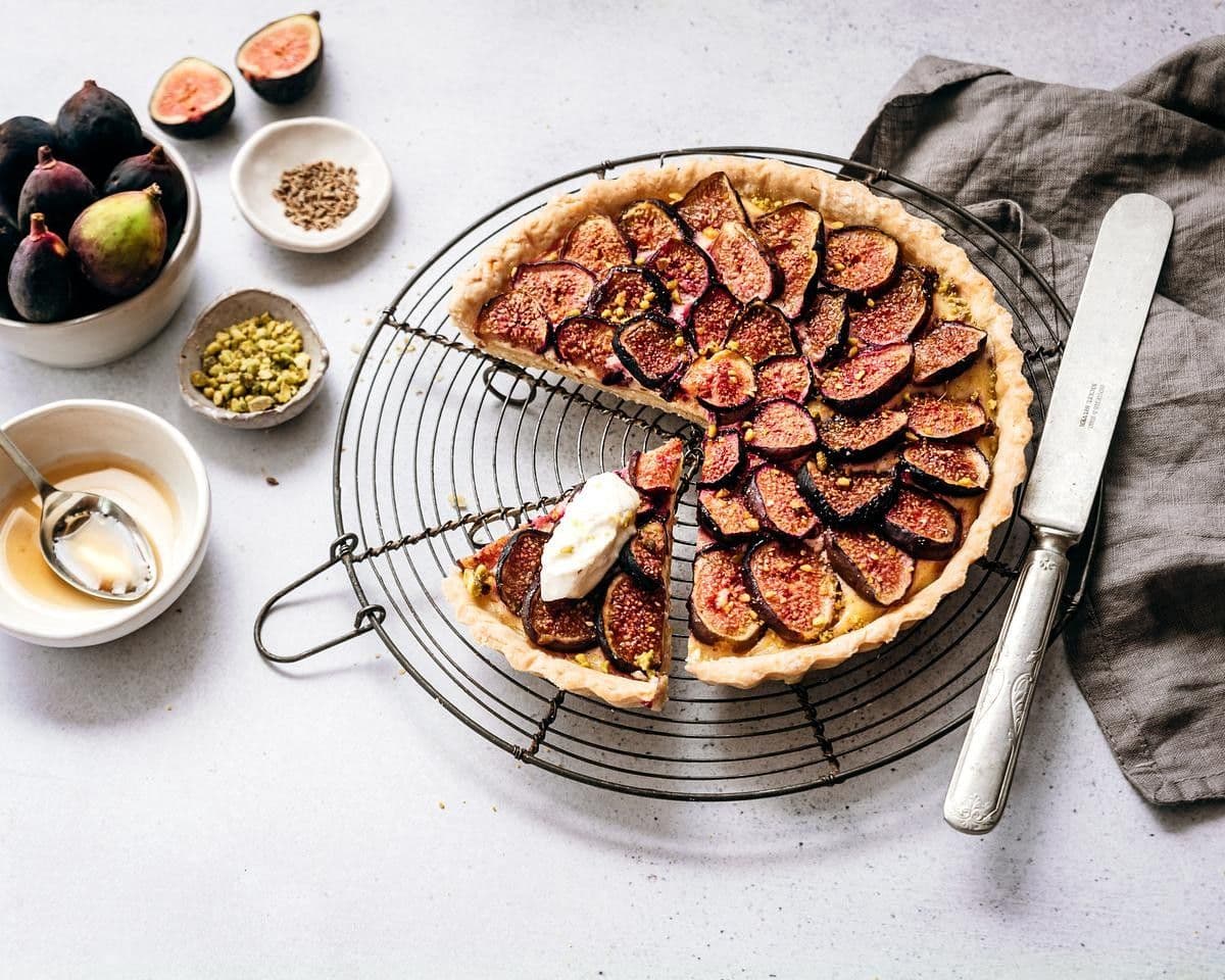 Middle Eastern Fig Tart made with Tillamook Cream Cheese with bowls of ingredients