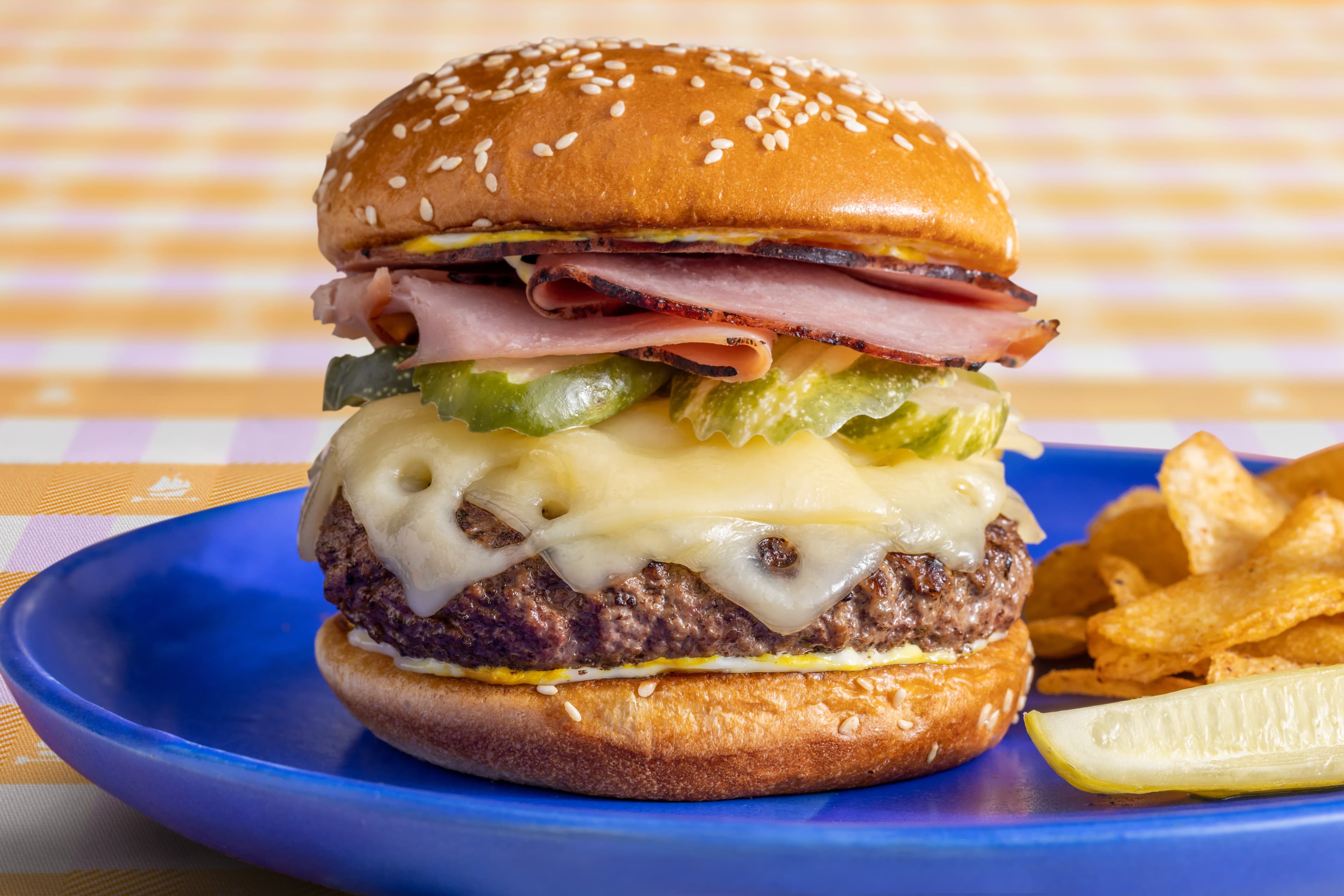 Cubano Burger made with Tillamook Swiss Cheese Slices